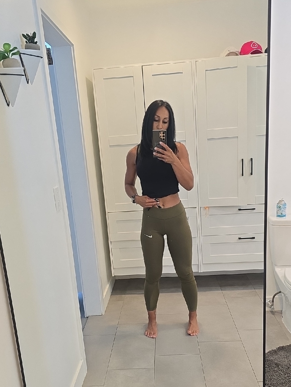 Nike Dri Fit Olive Green Performance Leggings with White Swoosh